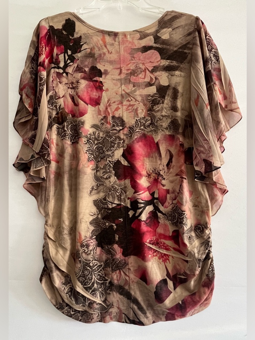 Espresso Floral Flutter Sleeve Studded Whimsical Boho Top L - Picture 6 of 10
